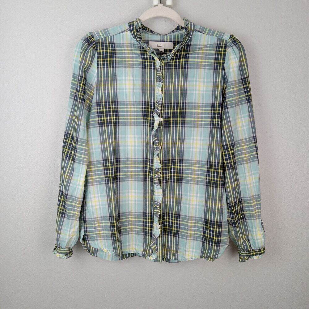Loft blue plaid button front shirt ruffle band collar women's Small